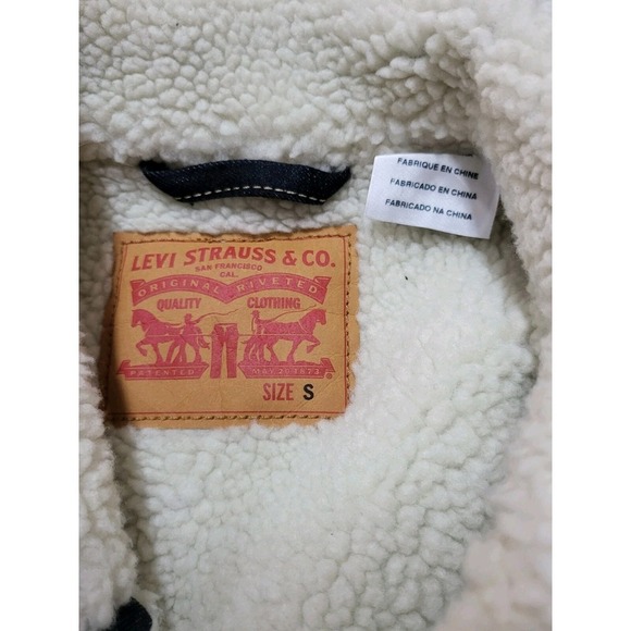 Levi's Denim Trucker Jacket Sherpa Collar Lined Dark Wash Size S - Picture 8 of 9